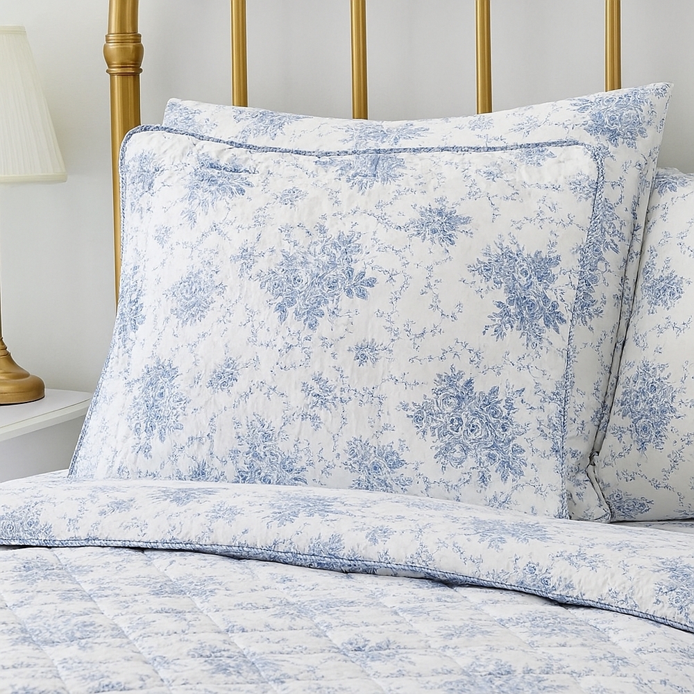 Vintage Laura Ashley “Sophia Toile” Standard Pillow Sham – Blue Rose Floral